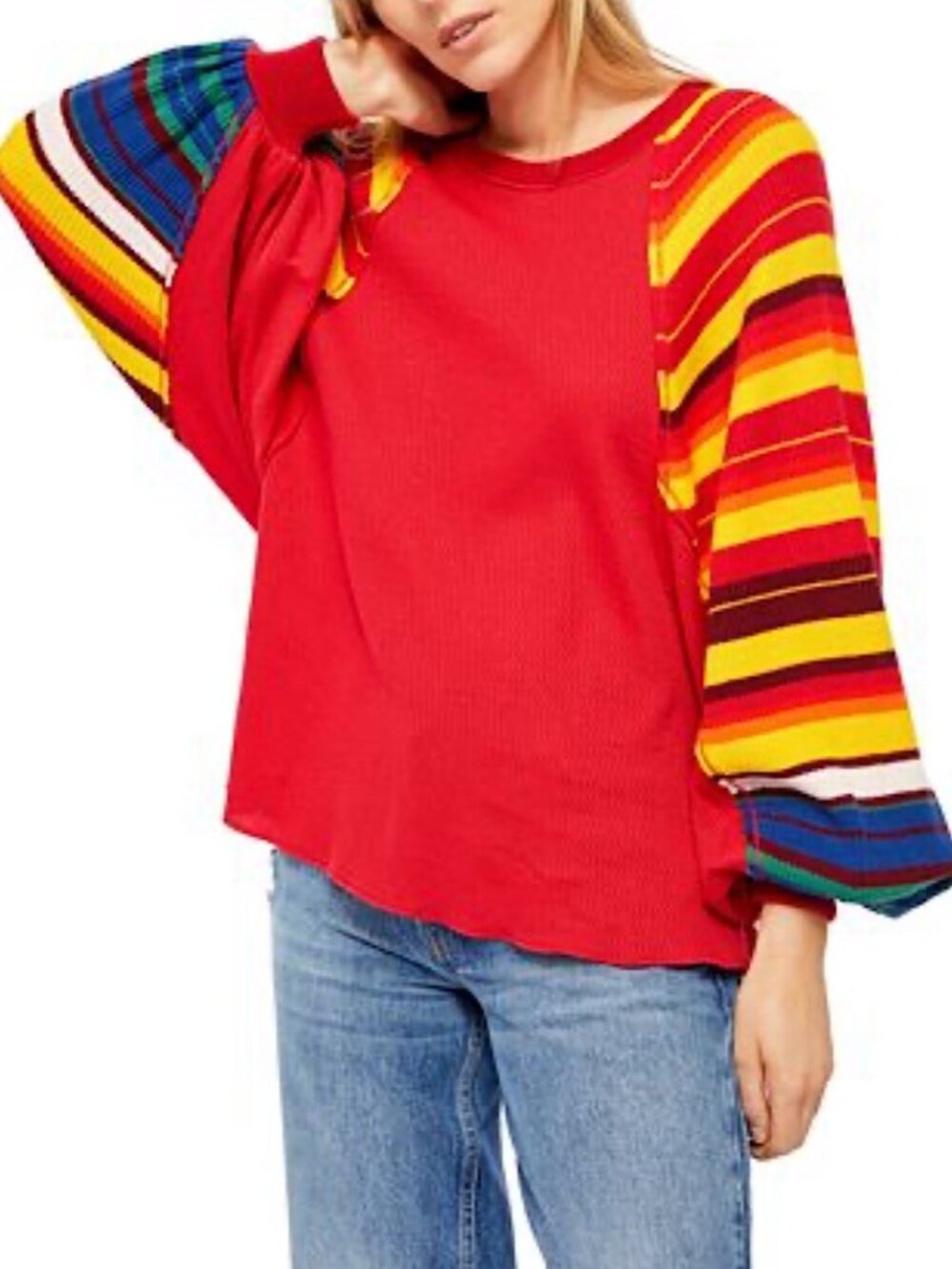 We the Free Free People Rainbow Dreams Red Knit Top Multicolor Striped Sleeves L